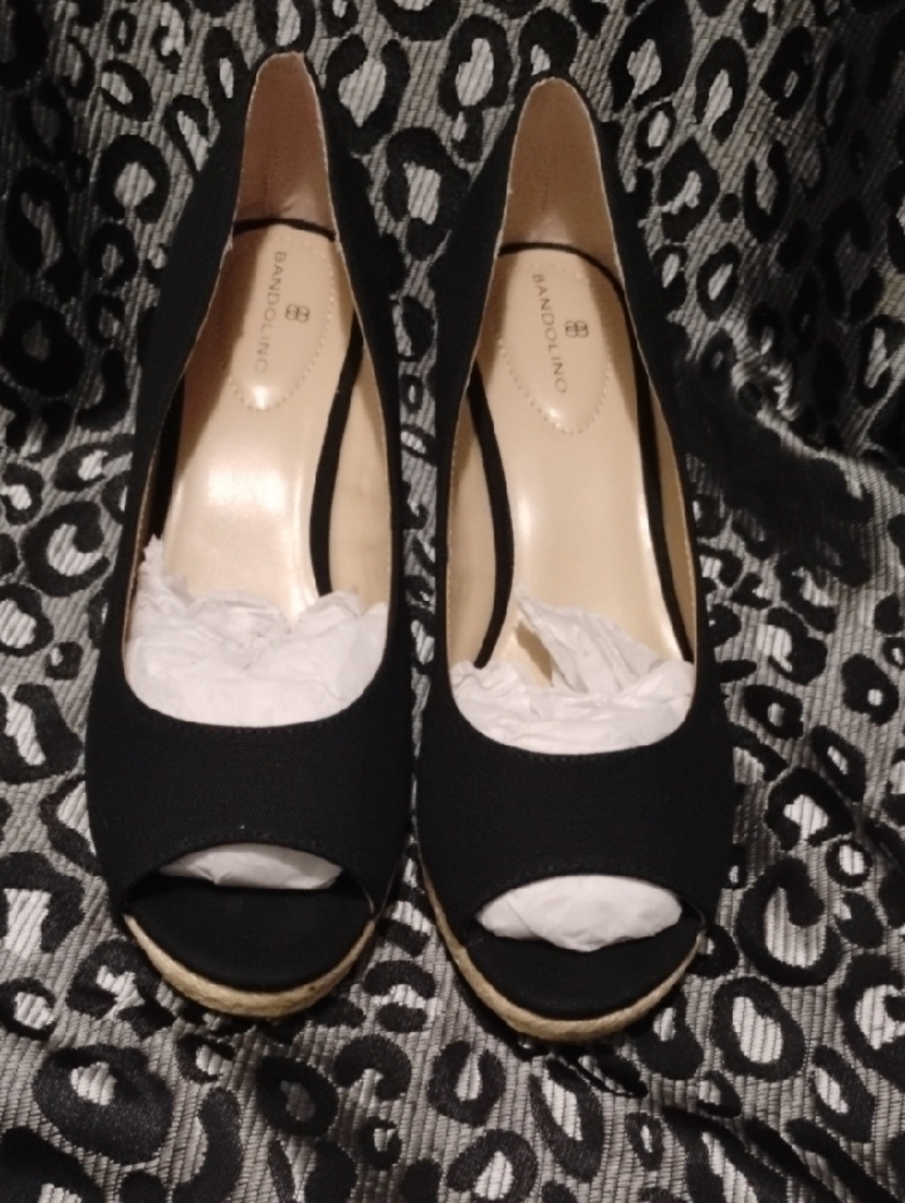 Bandolino Black Peep-Toe Espadrille Wedges